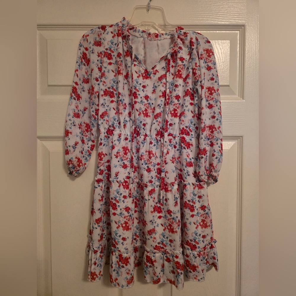 Floral Kids Casual Dress - Red and Blue